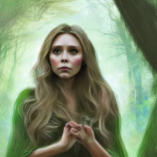 Prompt: Elizabeth Olsen as a nymph, mystical forest, digital art