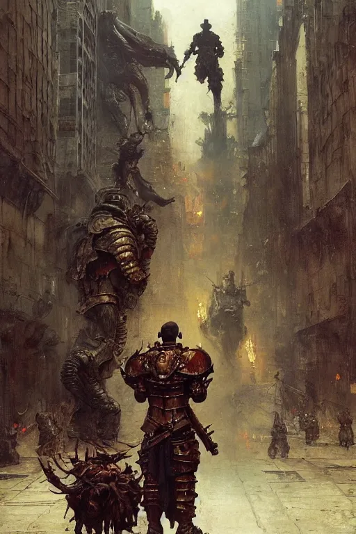 Prompt: a soldier on city street accompanies huge bipedal hell demon with bulbous torso wearing armour, painted by ruan jia, raymond swanland, lawrence alma tadema, zdzislaw beksinski, norman rockwell, jack kirby, tom lovell, alex malveda, greg staples