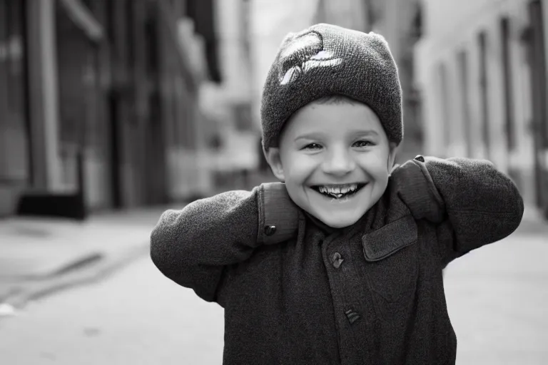 Prompt: still photo of a canadian child boy smiling at the camera on the street, black and white color aesthetic, highly detailed, photorealistic portrait, bright studio setting, studio lighting, crisp quality and light reflections, unreal engine 5 quality render