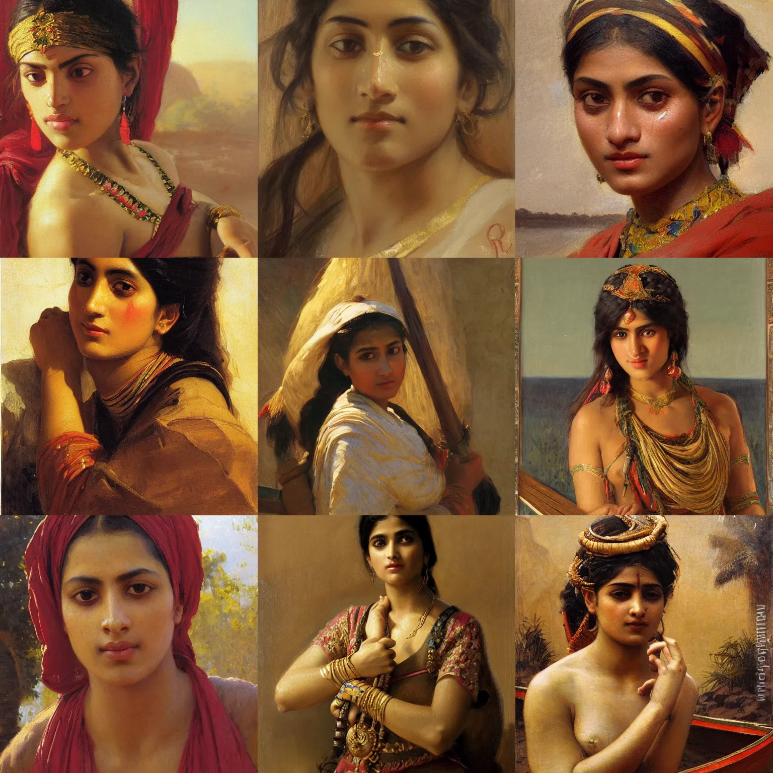 Prompt: orientalism painting of a pretty young pakistani woman in a canoe face detail by theodore ralli and nasreddine dinet and anders zorn and edwin longsden long, bronze age, sword and sorcery, oil on canvas, masterful intricate artwork, excellent lighting, high detail 8 k