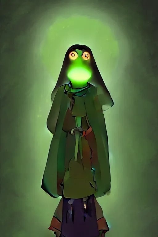 Image similar to A full body portrait of a cute shaman with no face, glowing eyes and a very long hooded dark green cloak of leaves in the style of Pixar, stylized