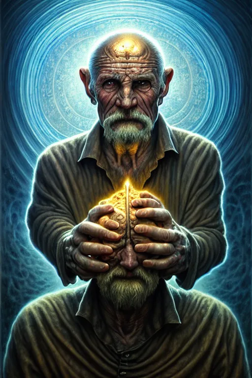 Prompt: Retirement Man, tarot card, by tomasz alen kopera and Justin Gerard, ancient old man, bent over, defeated, penetrating eyes, symmetrical features, ominous, magical realism, texture, intricate, ornate, royally decorated, whirling blue smoke, embers, radiant colors, fantasy, trending on artstation, volumetric lighting, micro details, 3d sculpture, ray tracing, 8k, anaglyph effect