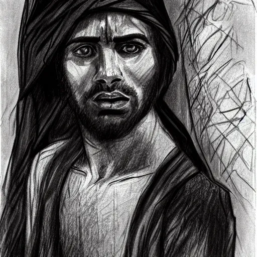 Image similar to 25 year old Mediterranean man, biblical clothing, scared, terrified, frightened, horrified, charcoal sketch