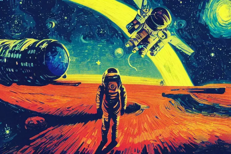 Image similar to digital painting of an astronaut in space, by paul lehr and vincent di fate and van gogh, highly detailed, intricate, science fiction, galaxies, stars, supernova, black hole, galaxy, planet, void, artstation, portrait, cinematic lighting, studio ghibli color pallette, neon lights, trippy, retrofuturism, portrait