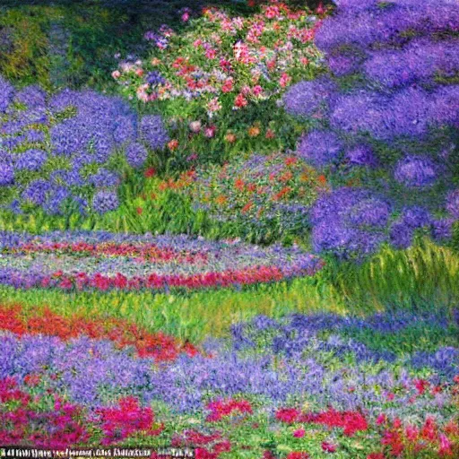 Image similar to a gorgeous garden on the edge of a cliff filled with beautiful flowers of blue and violet and pink from all around the world, monet