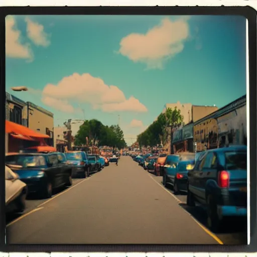 Image similar to colorful instant photograph of the middle of the street, polaroid, light leak, raw, nostalgic, daylight, blue sky, clouds