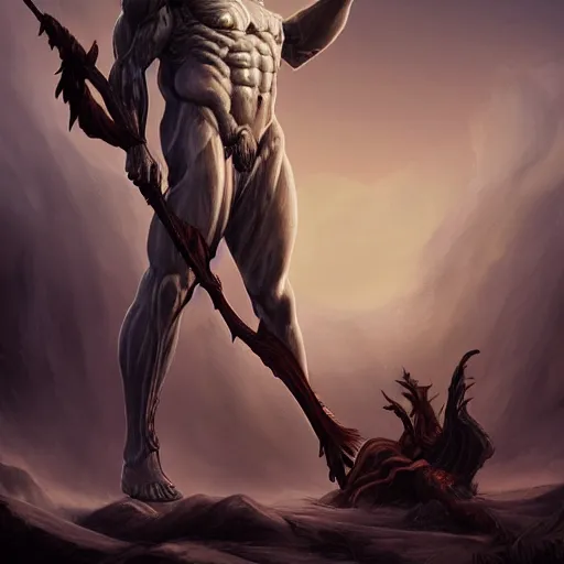 Prompt: towering male undead centaur god with spear looking down at the camera, dramatic lighting, upshot, curly dark hair, huge curving horns, satyr, faun, furred clydestale, fantasy artstation, cgsociety, anatomical, 8 k, magical, award winning cinematography