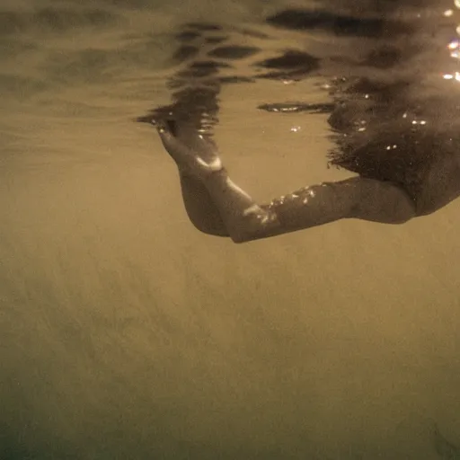 Prompt: a woman swimming underwater in murky muddy water and ink, backlighting