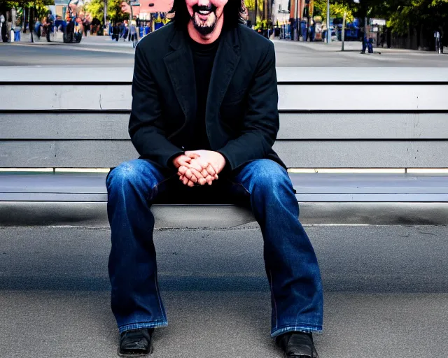 Image similar to 5 5 mm photo of happy keanu reeves in blue jeans and black jacket sitting on a bench in the street. dof. lifelike. ultra detailed. intricate. soft light. nikon d 8 5 0.