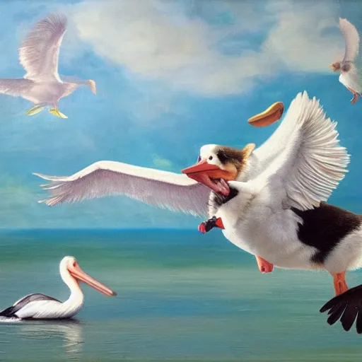 Image similar to a corgi learning to fly with pelicans, oil on canvas, intricate, 8k highly professionally detailed, HDR, CGsociety