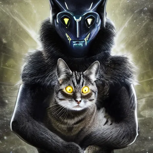 Image similar to humanoid with cat-like features in futuristic armor, yellow eyes, teeth that protrude past the lower lip and fine grayish fur on their faces and backs of their hands and carrying weapons,