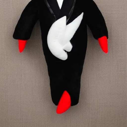 Prompt: plush of a stork wearing a black elegant suit