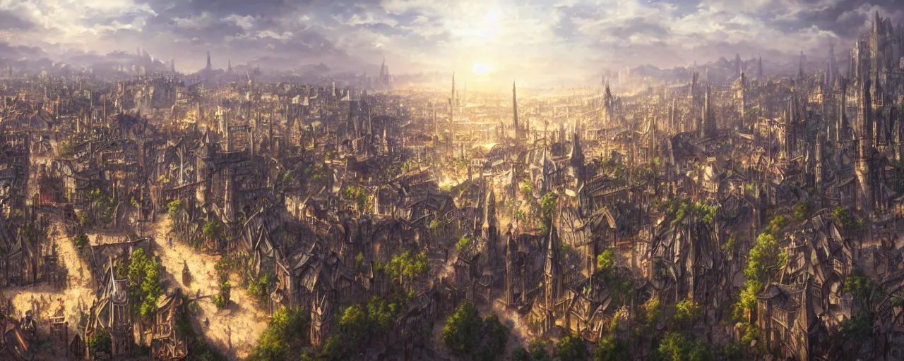 Image similar to middle ages city landscape, beautiful, artstation trending, deviantart, highly detailed, focus, smooth, by hirohiko araki, yoshitaka amano