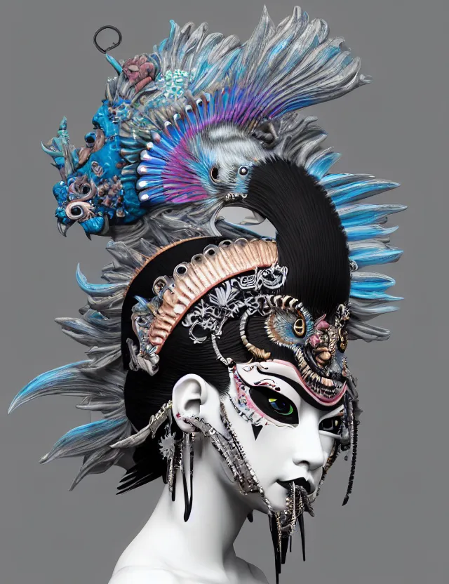 Image similar to 3 d goddess close - up profile portrait punk with mohawk with ram skull. beautiful intricately detailed japanese crow kitsune mask and clasical japanese kimono. betta fish, jellyfish phoenix, bio luminescent, plasma, ice, water, wind, creature, artwork by tooth wu and wlop and beeple and greg rutkowski