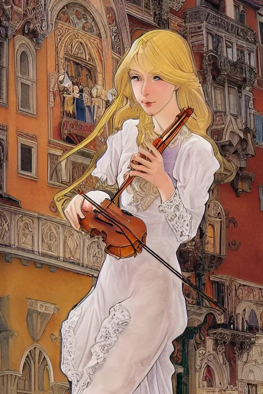 Image similar to beautiful blonde girl, expressively playing the violin, in a venetian outfit, illustration, manga, on the roof of a burning building, highly detailed, artstation, illustration, jurgens, alfonse mucha, vatican style, canon eos r 3