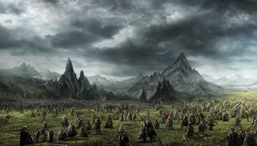 Image similar to matte painting of a huge lord of the rings battlefield