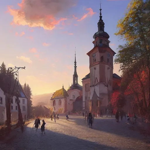 Image similar to a beautiful painting of banska stiavnica in summer with old houses and trees in sunset, sky, people walking on street, unreal engine, by greg rutkowski and james gurney, artstation