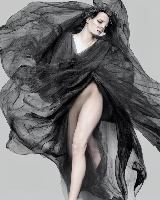 Image similar to professional render of an ethereal ghostlike figure fluid simulation in houdini dancing in dark smoke robes and silk veils by ilm, paolo roversi, nick knight, gill elvgren, beautiful simplified form distorted by turbulent movement, dark studio background, vivid, romantic, trending on artstation, hyperrealism, matte painting, dutch golden age, fine detail, cgsociety