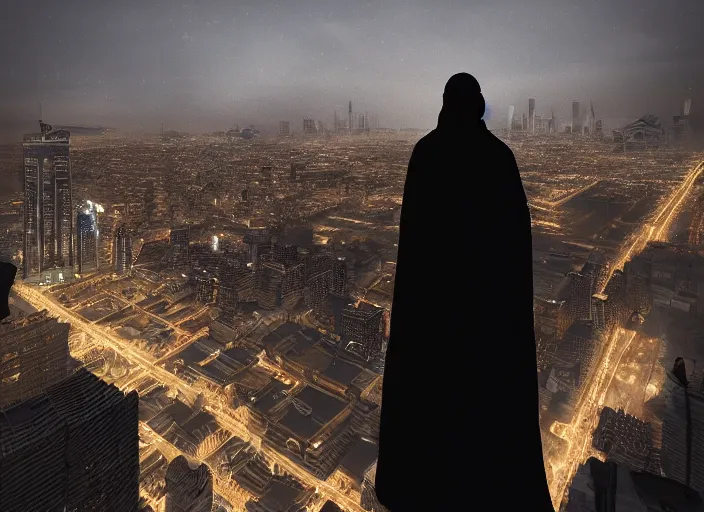 Prompt: man in silhouette cape overlooking on a building ledge towards the city below in modern day riyadh at midnight | kingdom tower | highly detailed | very intricate | cinematic lighting | by asher brown durand and eddie mendoza | featured on artstation