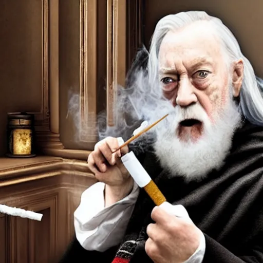 Image similar to Dumbledore sitting in on a toilet smoking a cigarette, front facing photo, realistic