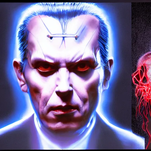 Prompt: studio portrait of ai professor by gierymski, avantgarde photo portrait of ai artist by wayne barlowe, marvel movie still frame of mr sinister, mcu nathaniel essex mr sinister