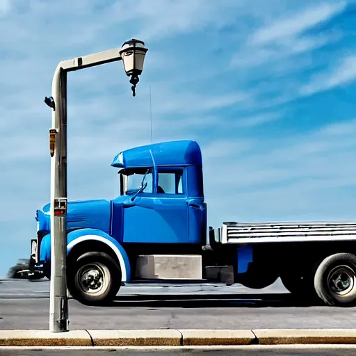 Image similar to blue truck dangling from atop a street light pole