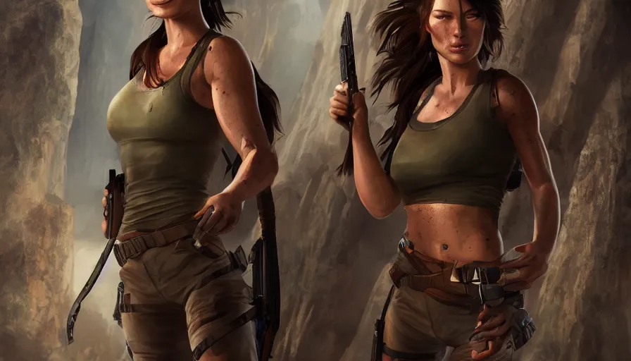 Prompt: Olivia Wilde is Lara Croft in Tomb Raider, hyperdetailed, artstation, cgsociety, 8k