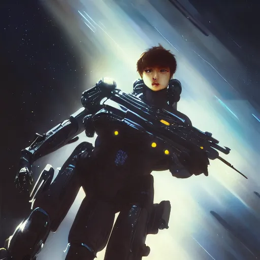 Image similar to award winning, extremely photorealistic, bokeh, beautiful detail, stars in the sky, cybernetic, sci-fi space game art, jeon Jungkook holding a gun. alien planet art by Akihito Yoshitomi AND Yoji Shinkawa AND Greg Rutkowski, Mark Arian trending on artstation