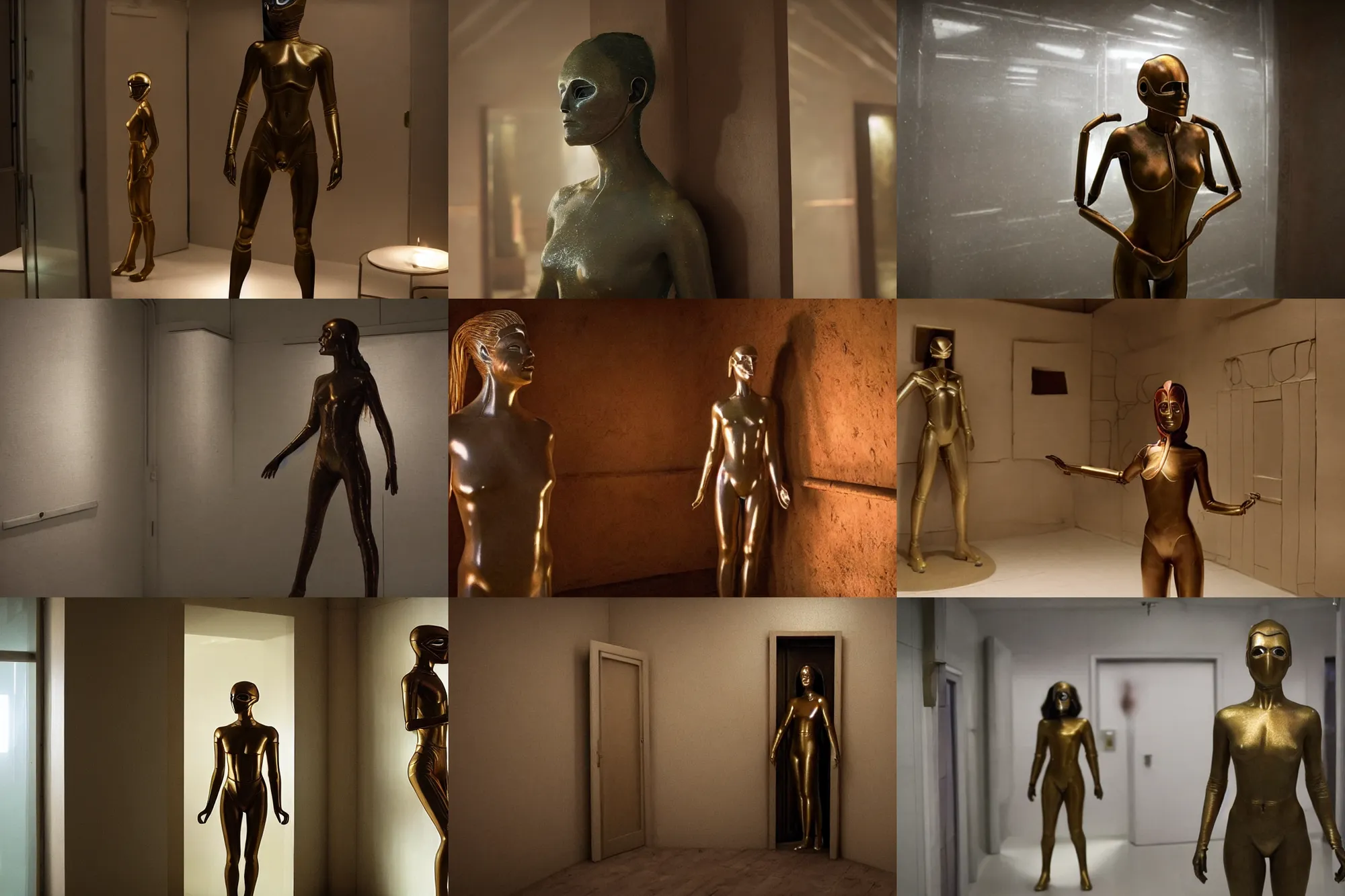 Prompt: the full body shot of wax woman in bronze mask inside the room without doors and windows | interstellar movie by ridley scott with cinematogrophy of christopher doyle and art direction by hans giger, anamorphic bokeh and lens flares, 8 k, higly detailed masterpiece