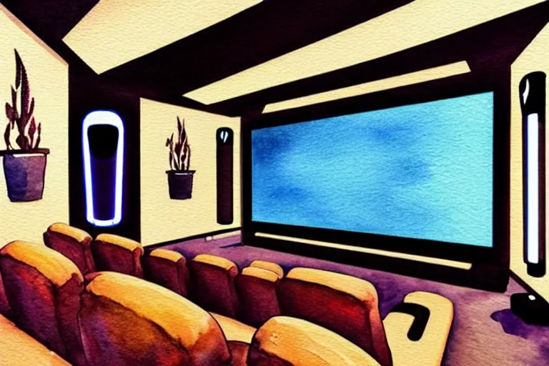 Image similar to very wide angle view, a modern home movie theater with big screen!!, stylish wall sconces lights, art deco style!!, plants, popcorn machine, rough watercolor painting, trending on artstation