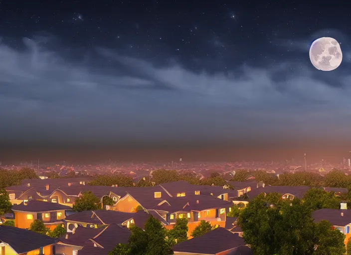 Image similar to thousands of big moons, focus on the sky. thousands of houses in the city, hyperrealism, no blur, 4 k resolution, ultra detailed