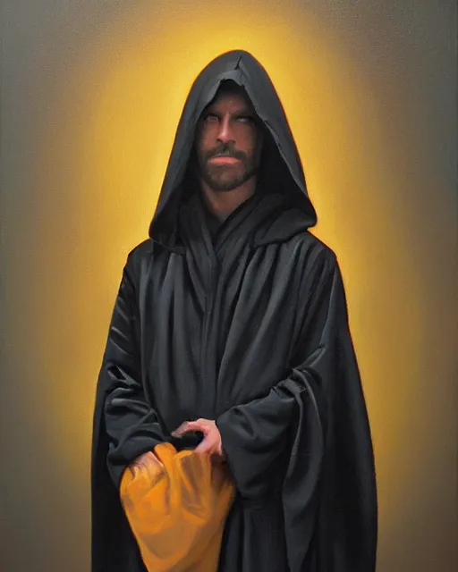 Image similar to oil painting portrait of a man in dark robes, hooded, made by greg rukowtski, fantasy, moodly