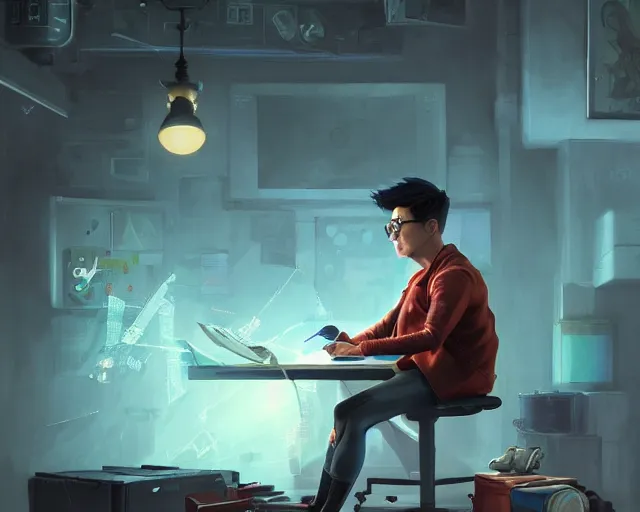 Image similar to an insanely detailed painting of a nerdy asian man wearing a superhero costume, sitting at a desk, staring at the nervously at the computer and typing, in the style of peter mohrbacher, dramatic lighting and composition, surreal background, octane render, pixar, trending on artstation, concept art, comic book, view from behind