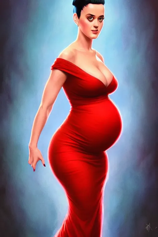 Image similar to pregnant katy perry in a red dress, realistic portrait, symmetrical, highly detailed, digital painting, artstation, concept art, smooth, sharp focus, illustration, cinematic lighting, art by artgerm and greg rutkowski and alphonse mucha