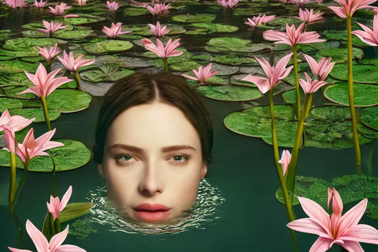 Image similar to hyperrealistic cinematic 3 d portrait of a woman's head and shoulders floating in a pond, surrounded by a forrest of lillies, deep focus, intricate, elegant, highly detailed, matte, sharp focus, by bill henson and gregory crewdson and james jean