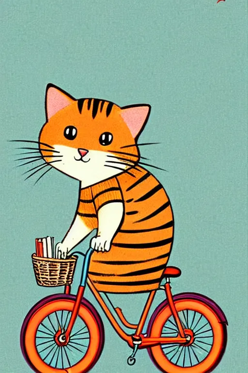 Image similar to by richard scarry. a cat riding a bike. a 1 9 5 0 s retro illustration. muted colors, detailed