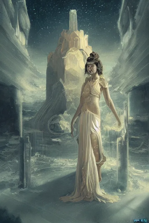 Image similar to intricate, amazing, modernism, retro vintage and romanticism, painting by natelle quek or ramon gutierrez, soft color palette, stability, cinematic, highly detailed, space sci - fi of ancient religion