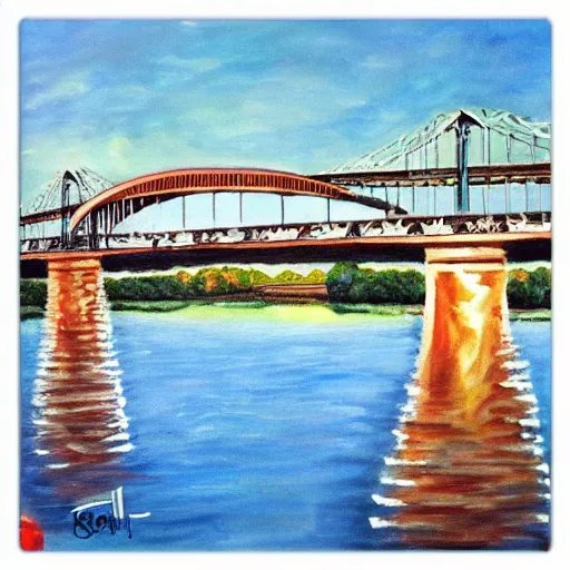 Prompt: chattanooga tennessee pic of walnut street bridge painting in style of herb ryman