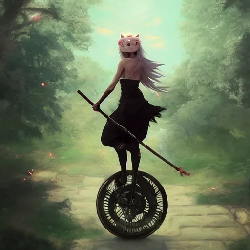 Prompt: a super cute demon riding a unicycle, anime, manga, kawaii, magical world, by greg rutkowski, sung choi, photo realistic, 8 k, cinematic lighting, hd, atmospheric, hyperdetailed, trending on artstation, devainart, digital painting, glow effect