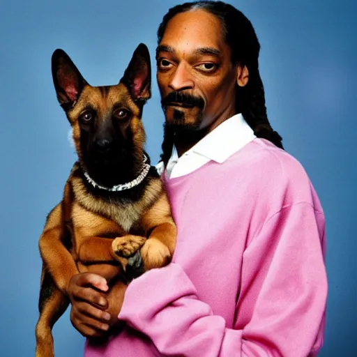 Image similar to Snoop Dogg holding a German Sheppard for a 1990s sitcom tv show, Studio Photograph, portrait, C 12.0