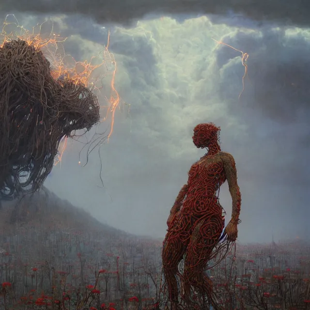 Image similar to A woman wearing clothes made out of thunder clouds and flowers, giant monsters in the background, red skin, Masterpiece, glowing, wires everywhere, by Edgar Maxence and Ross Tran, Zdzisław Beksiński, and Michael Whelan, distant, gustav dore, H.R. Giger, 8k, octane render