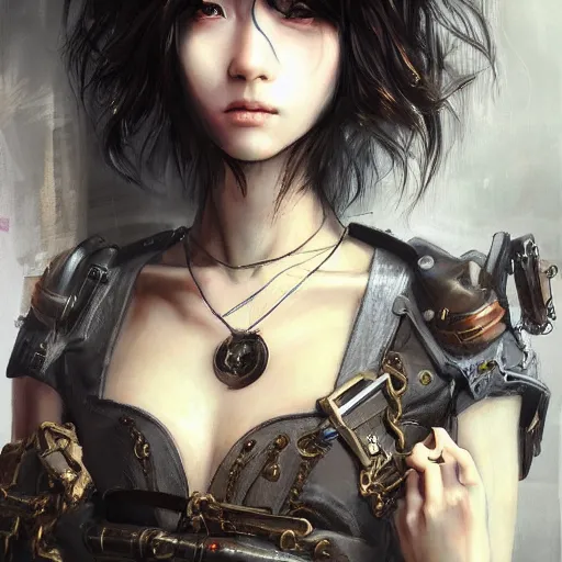 Image similar to portrait of a girl by ayami kojima, mixture between japanese and russian, she is about 2 0 years old, messy black bob hair, very tall and slender, she is wearing a steampunk tactical gear, highly detailed portrait, digital painting, artstation, concept art, smooth, sharp foccus ilustration, artstation hq