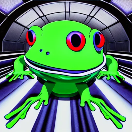 Prompt: frog sitting in the middle of spaceship ; hi - tech ; vaporwave ; unreal engine, wide angle