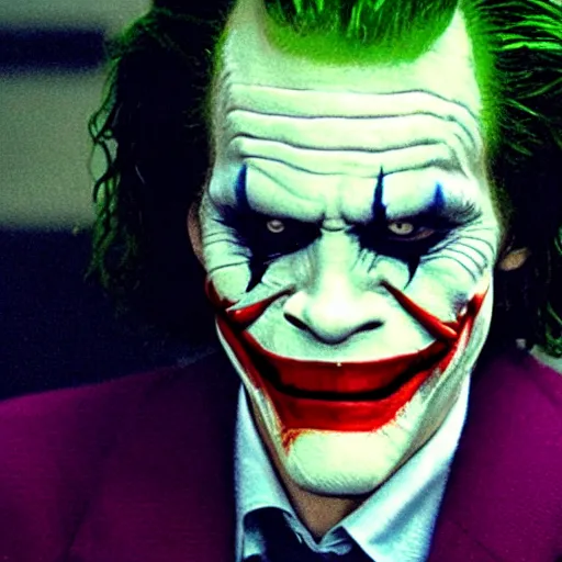 Image similar to film still of Willem Dafoe playing The Joker in The Dark Knight, 4k