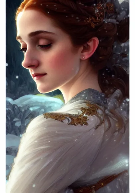 Image similar to sansa emma watson snow queen, intricate, elegant, highly detailed, digital painting, artstation, concept art, smooth, sharp focus, illustration, art by artgerm and greg rutkowski and alphonse mucha and william - adolphe bouguereau