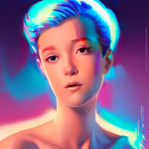 Image similar to hologram woman is bored, with cute - fine - face, pretty face, oil slick hair, realistic shaded perfect face, extremely fine details, by realistic shaded lighting, dynamic background, poster by ilya kuvshinov katsuhiro otomo, magali villeneuve, artgerm, jeremy lipkin and michael garmash and rob rey, pascal blanche, kan liu