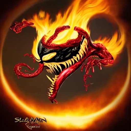 Prompt: A photograph of Venom slam dunking with flames coming from the basket