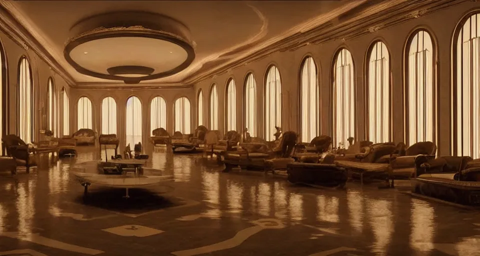 Image similar to an incredibly beautiful scene from a 2 0 2 2 marvel film featuring an art deco palace during a hurricane. recessed lights. large windows. lightning. uhd.