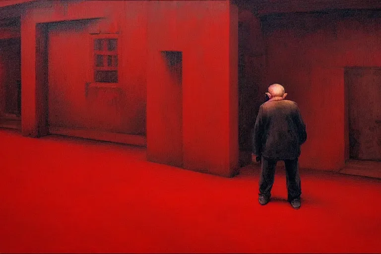 Image similar to only with red, a red old man try to sell a portrait, cheering crowd, in a old city square, in the style of beksinski, parts by edward hopper, parts by rodcenko, parts by yue minjun, intricate and epic composition, red by caravaggio, insanely quality, highly detailed, masterpiece, red light, artstation, 4 k