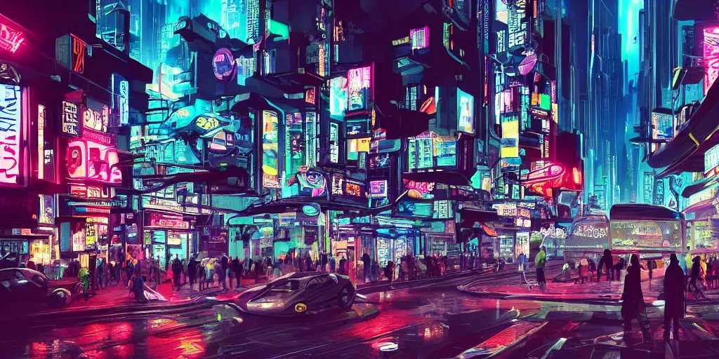 Prompt: a cyberpunk style busy city Main Street with neon signs, stormy weather, futuristic flying cars, and many people